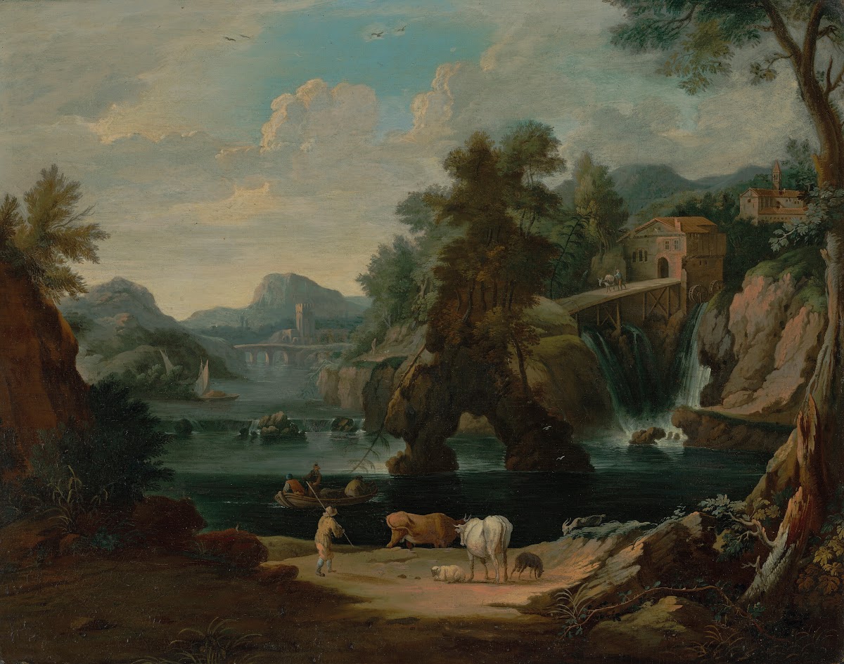 A cowherd beside a cascading river