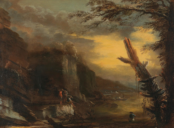Figures fishing in a rocky coastal landscape