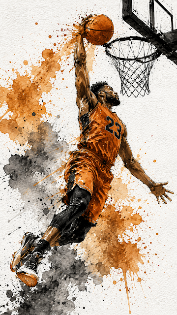 Dynamic Basketball Dunk Ink and Watercolor Illustration