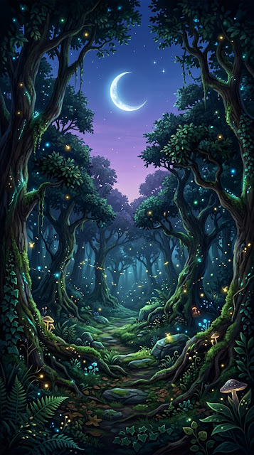 Fairytale Twilight Forest with Moon and Fireflies - Free mobile Wallpaper
