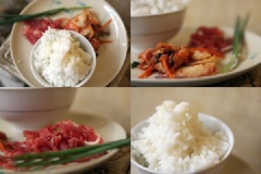 Kim chi thái hạt lựu, thịt bò thái nhỏ, hành lá cắt khúc. Cơm nấu hơi khô một chút nhé! Tỏi bóc vỏ, băm nhỏ.