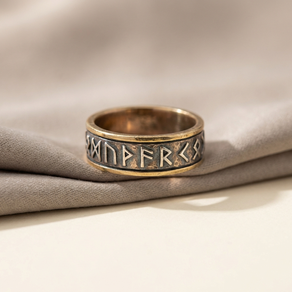 Antique viking ring centered on cream background #ede7da with subtle secondary pad #c2bdb6 and warm brass accents #ae8339 photorealistic macro shot minimal composition