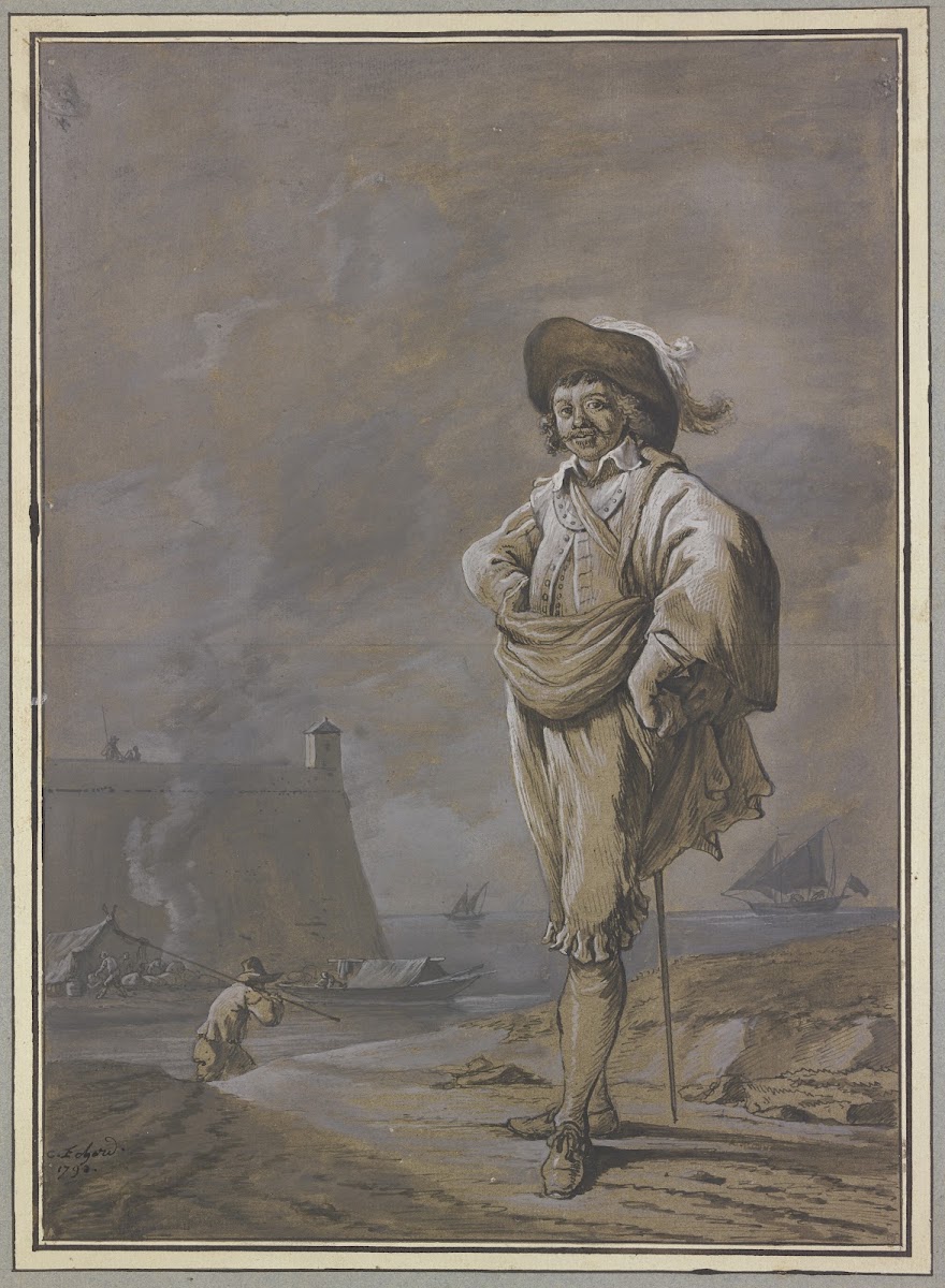 Ein Kavalier mit Hut Mantel und Degen steht am Ufer des Meeres 1790