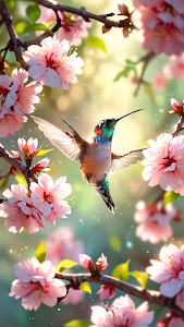 Hummingbird Amidst Pink Cherry Blossoms Bokeh