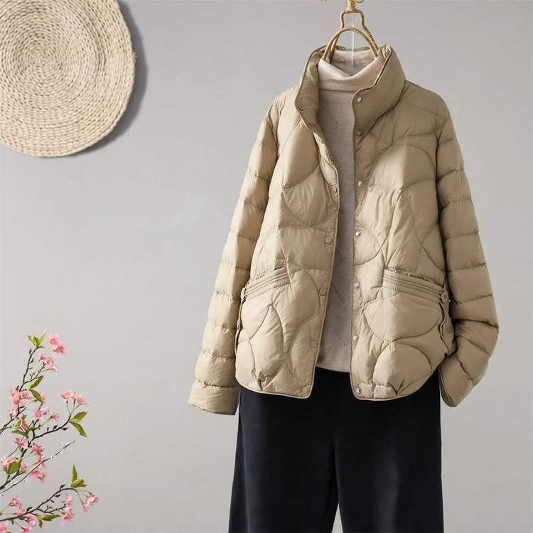 Lightweight short down jacket for women with standing collar