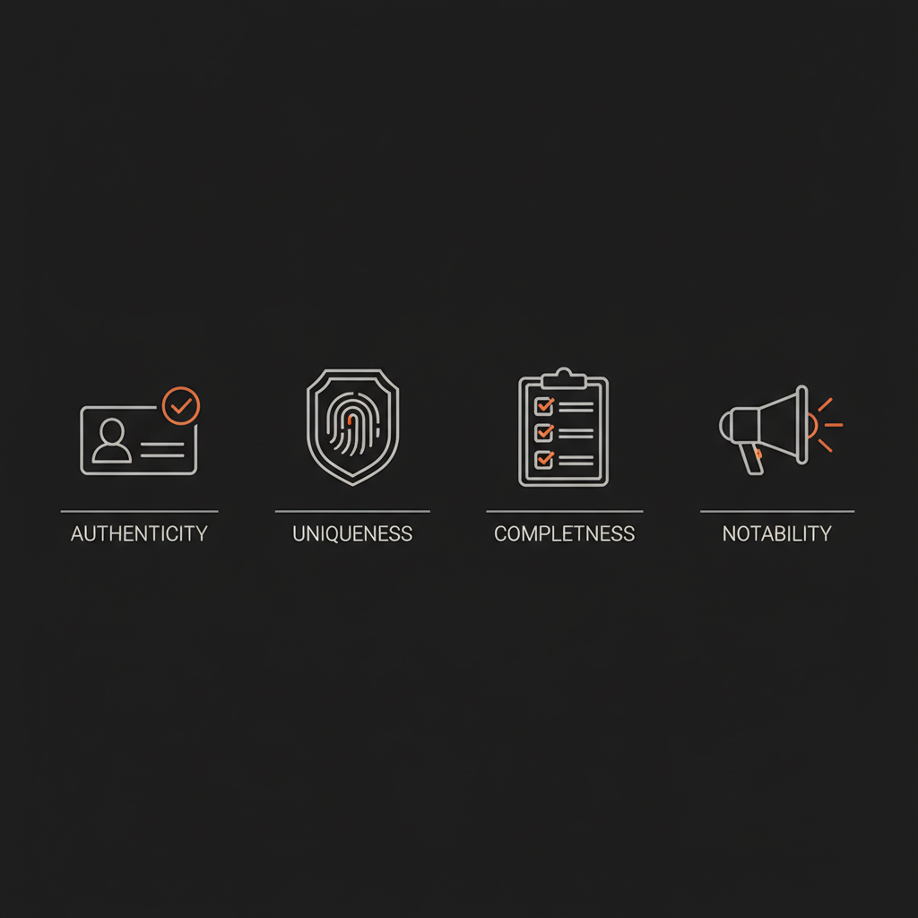 Minimal vector infographic of four verification pillars (Authenticity, Uniqueness, Completeness, Notability) with simple icons on black background illustrating Instagram verification requirements.