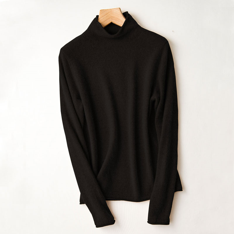 Wool sweater with rolled hem and stand-up collar