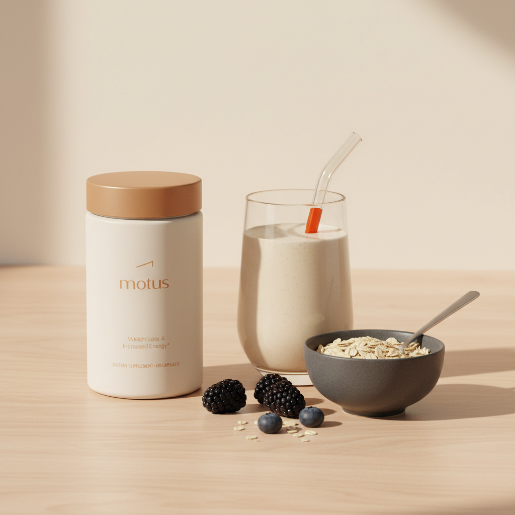 Minimal still-life of a Tonum Motus container beside a prepared meal replacement shake in a glass, oats spoon and berries on a wooden countertop, promoting meal replacement shakes every day.