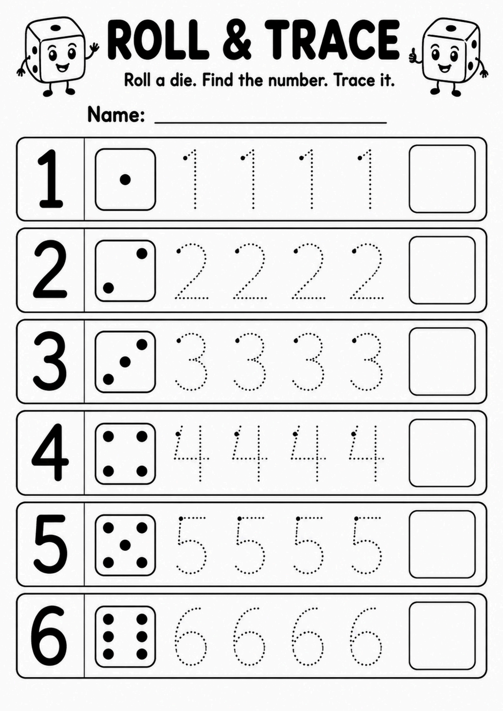 Roll and Trace Numbers Worksheet