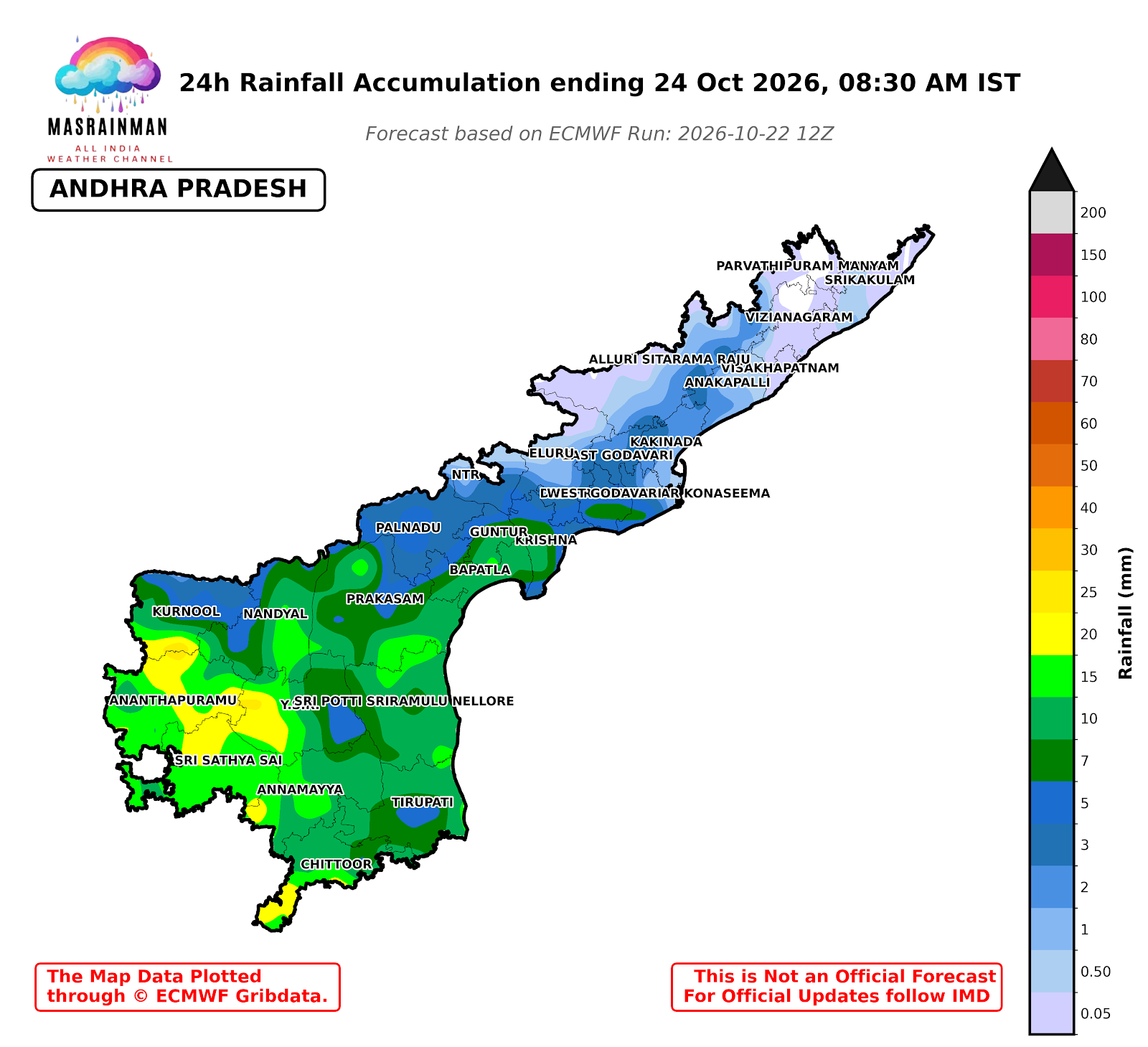 Andhra Pradesh 24-hour rainfall forecast ending 24 Oct 2026, 8:30 AM IST
