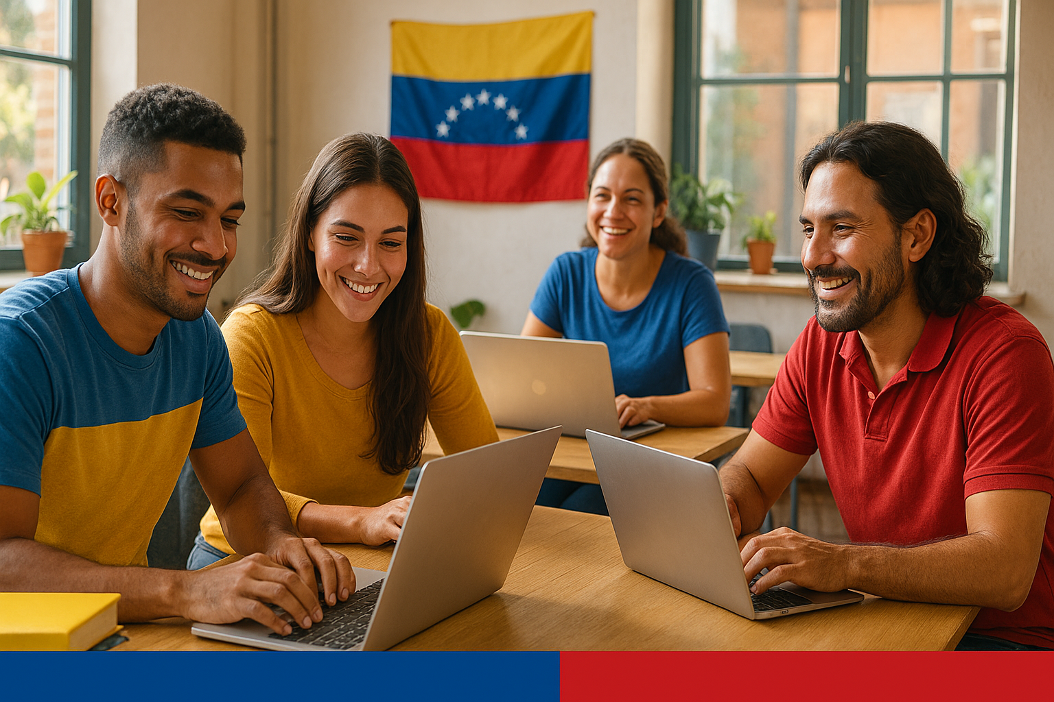 Venezolanos en el exterior estudiando con laptops en un espacio comunitario