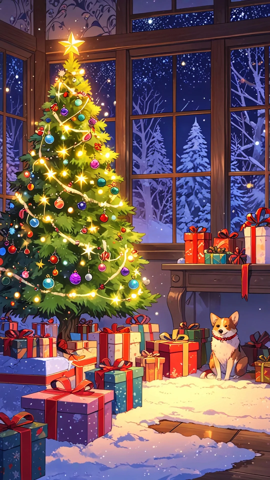 Cozy Christmas Tree with Gifts and Corgi by Window - Free 4K mobile Wallpaper