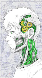 Technical Illustration of a Cyborg Male Character Anatomy Blueprint