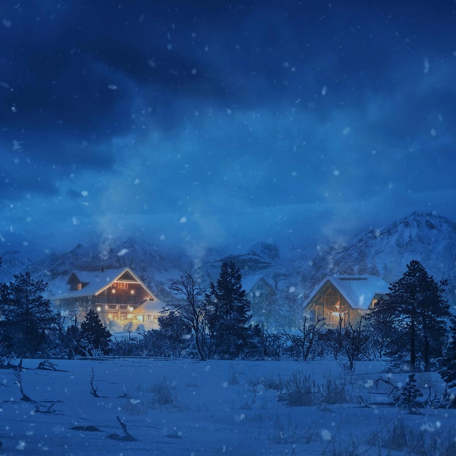Download Snowy Cabins Under Blue Night 2K iPhone