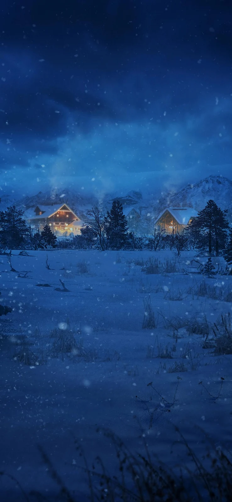 Snowy Cabins Under Blue Night - Atmospheric Digital Art 2K iPhone Wallpaper (1814x3931)