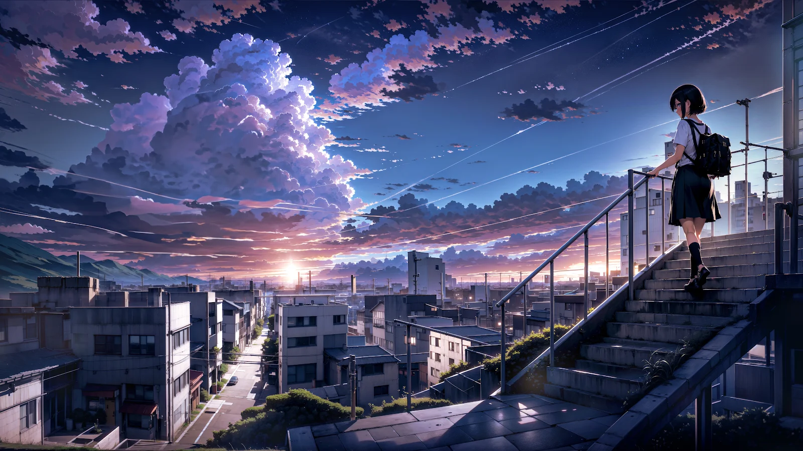 A Stunning Digital Art, Clouds, Cityscape, Mountains, Sunset 4K Desktop and Mobile Wallpaper Background (3840x2160)