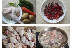 Đầu tiên bạn chuẩn bị các nguyên liệu. Thịt gà rửa sạch, để ráo rồi chặt miếng vừa ăn sau đó bắc nồi nước sôi lên bếp để chần qua gà.