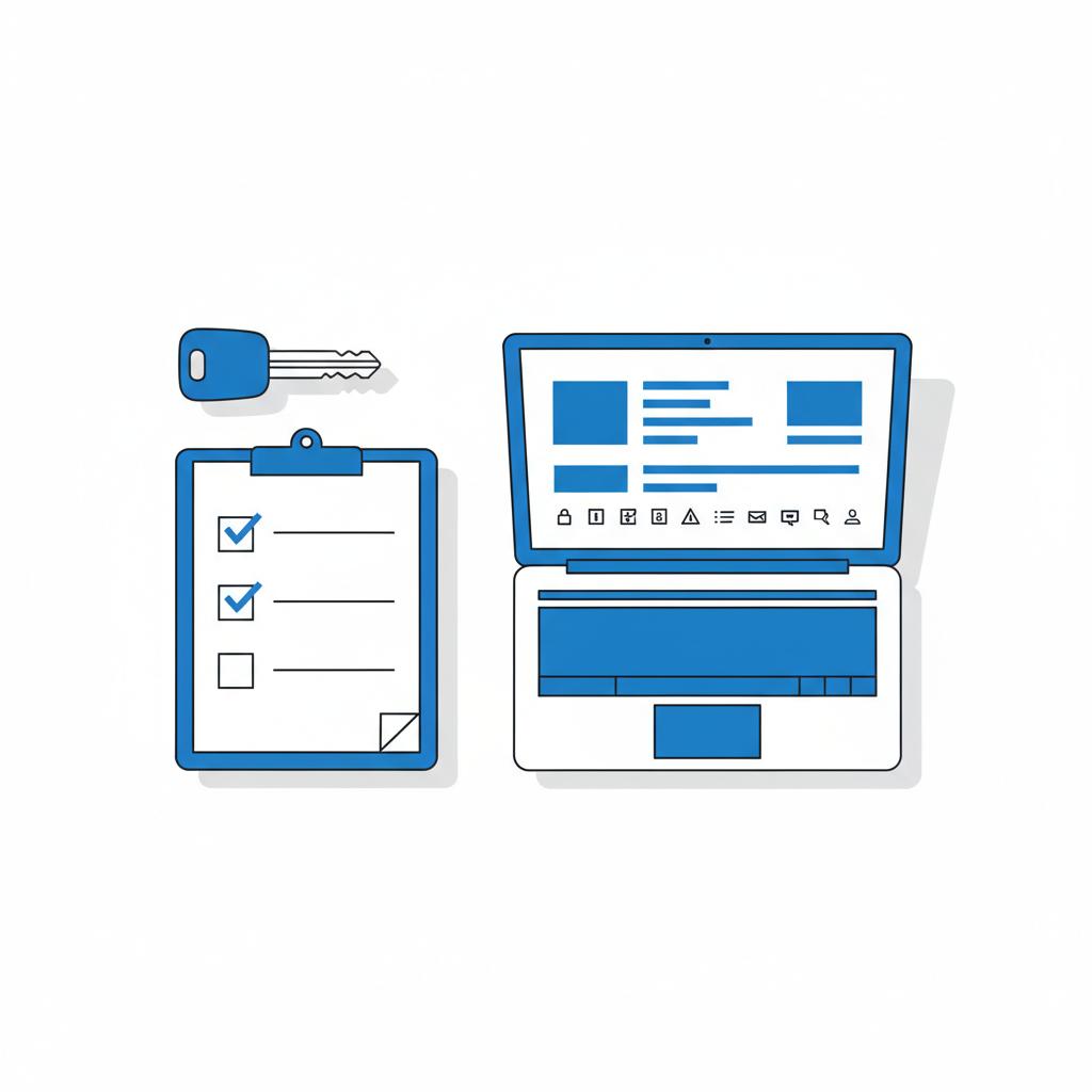 Minimal vector tabletop scene with car keys checklist and laptop showing a used car listing and tesla 3 for sale in clean white and blue CarFax Deals style
