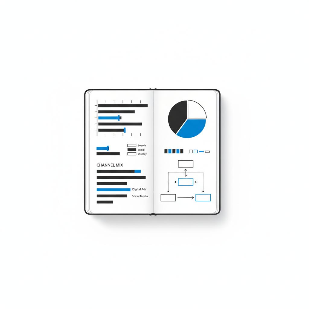 Overhead vector workspace with planner page showing timeline bars, budget pie charts, and customer journey arrows illustrating average CPA for Google Ads.