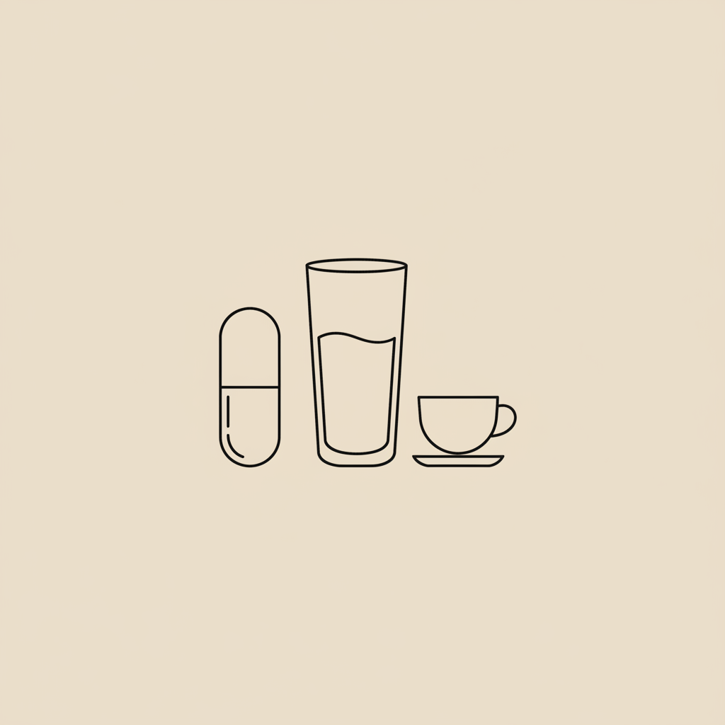 Minimal Tonum-style 2D vector line illustration of a capsule, water glass, and coffee cup on beige background, illustrating the downside to pre-workout in a clean clinical style.