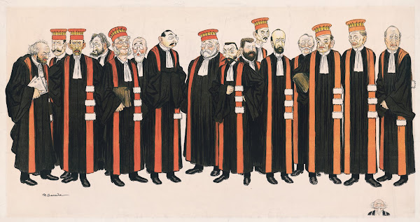 Men standing in robes with orange sashes and hats facing forward 1890