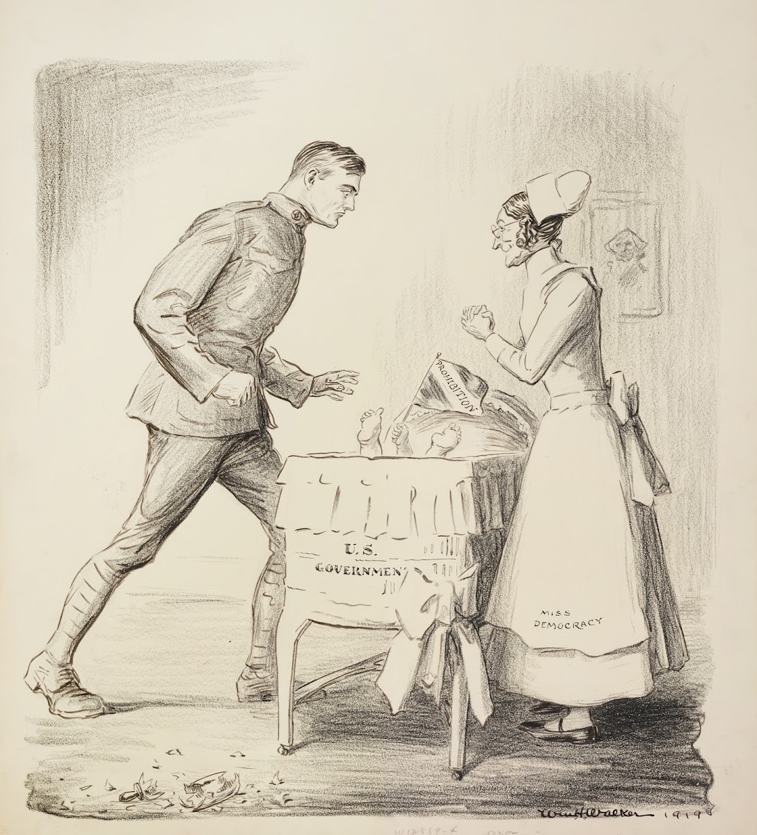 Miss Democracy depicted as a nurse tends to a baby representing Prohibition in a