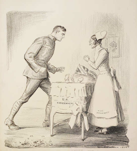 Miss Democracy depicted as a nurse tends to a baby representing Prohibition in a