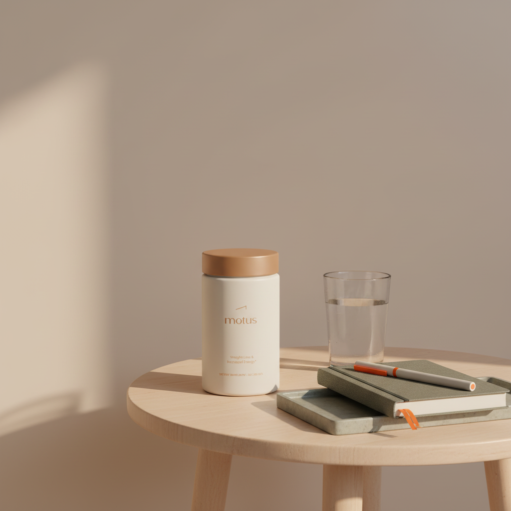 Tonum Motus supplement bottle on a bedside table with a journal and glass of water, morning routine scene evoking vitamin d for weight loss and sustainable weight management.