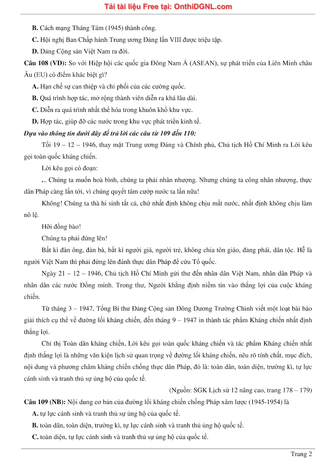 150 bài tập môn Sủ- Ôn thi ĐGNL ĐHQG HN Phần 3