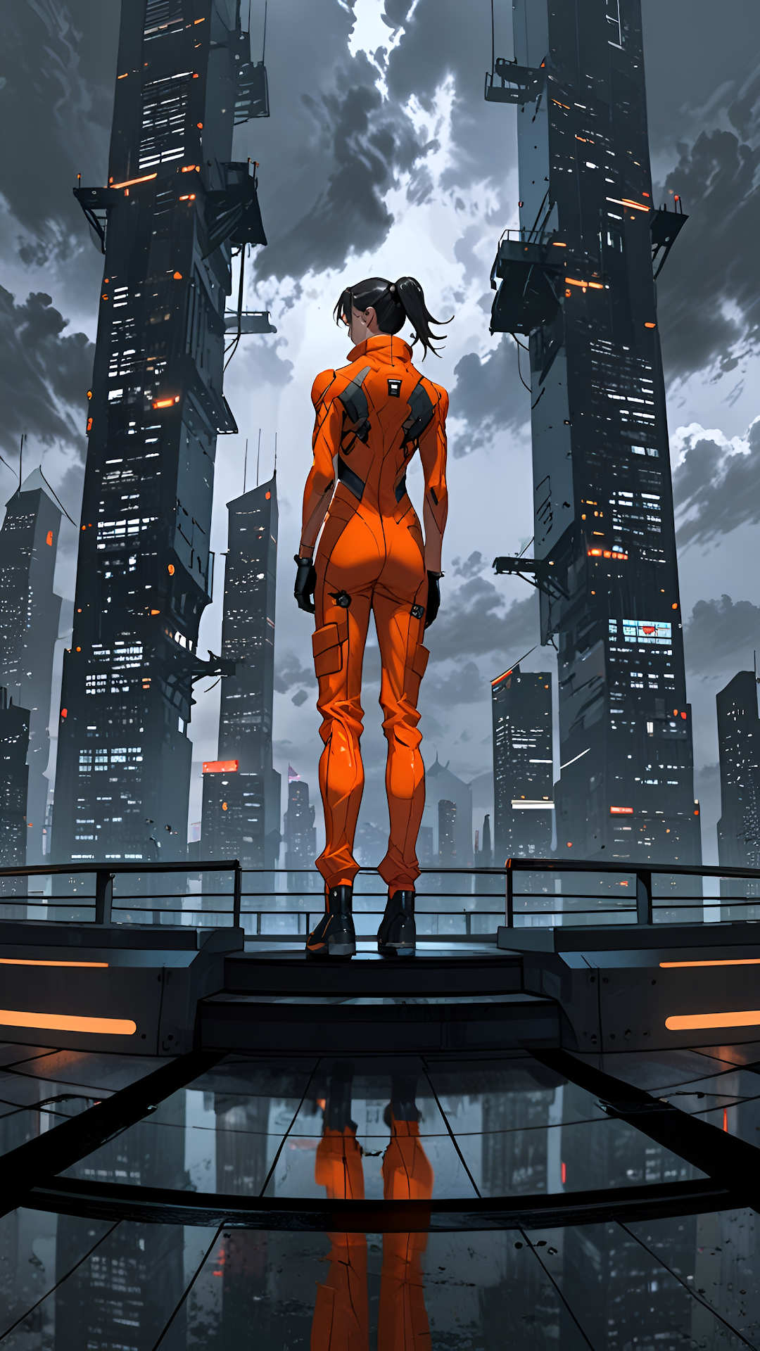 Cyberpunk Pilot Orange Jumpsuit Futuristic City View - Free 4K mobile Wallpaper