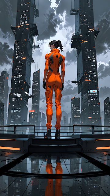 Cyberpunk Pilot Orange Jumpsuit Futuristic City View - Free mobile Wallpaper