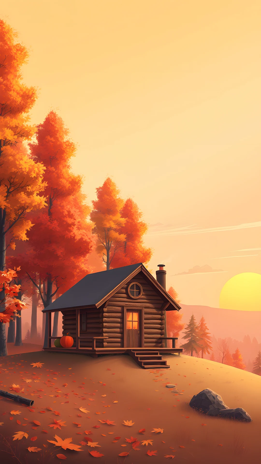 Cozy Log Cabin in Autumn Forest at Sunset - Free 4K mobile Wallpaper