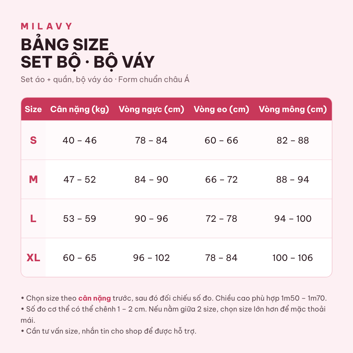 Bảng size Set bộ · Bộ váy