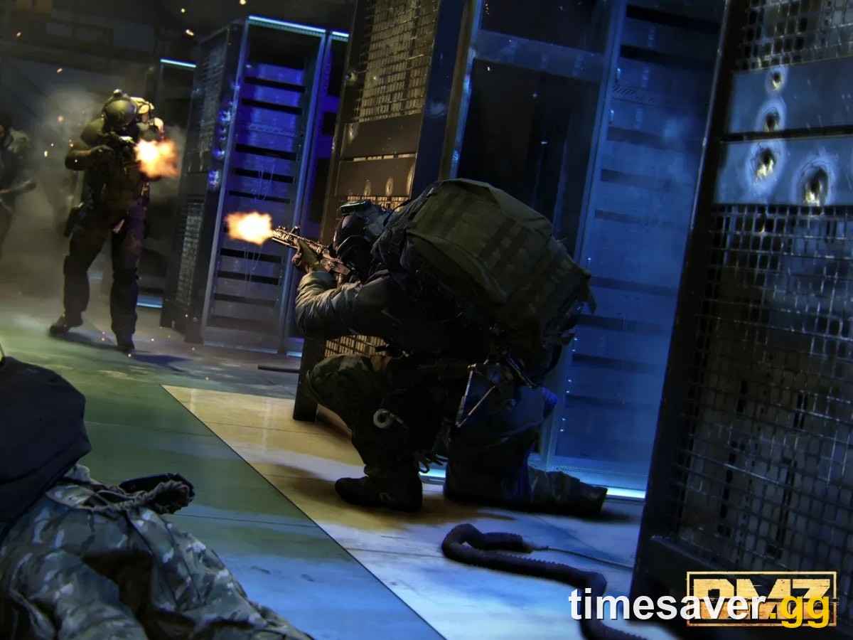 Modern Warfare 4 DMZ official screenshot — operators in a close-quarters firefight inside a blue-lit Hajin point of interest