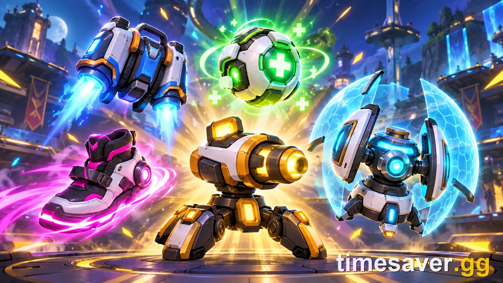 Brawl Stars gadget arsenal banner showing an array of gadget abilities including a dash boot, healing orb, shield and turret