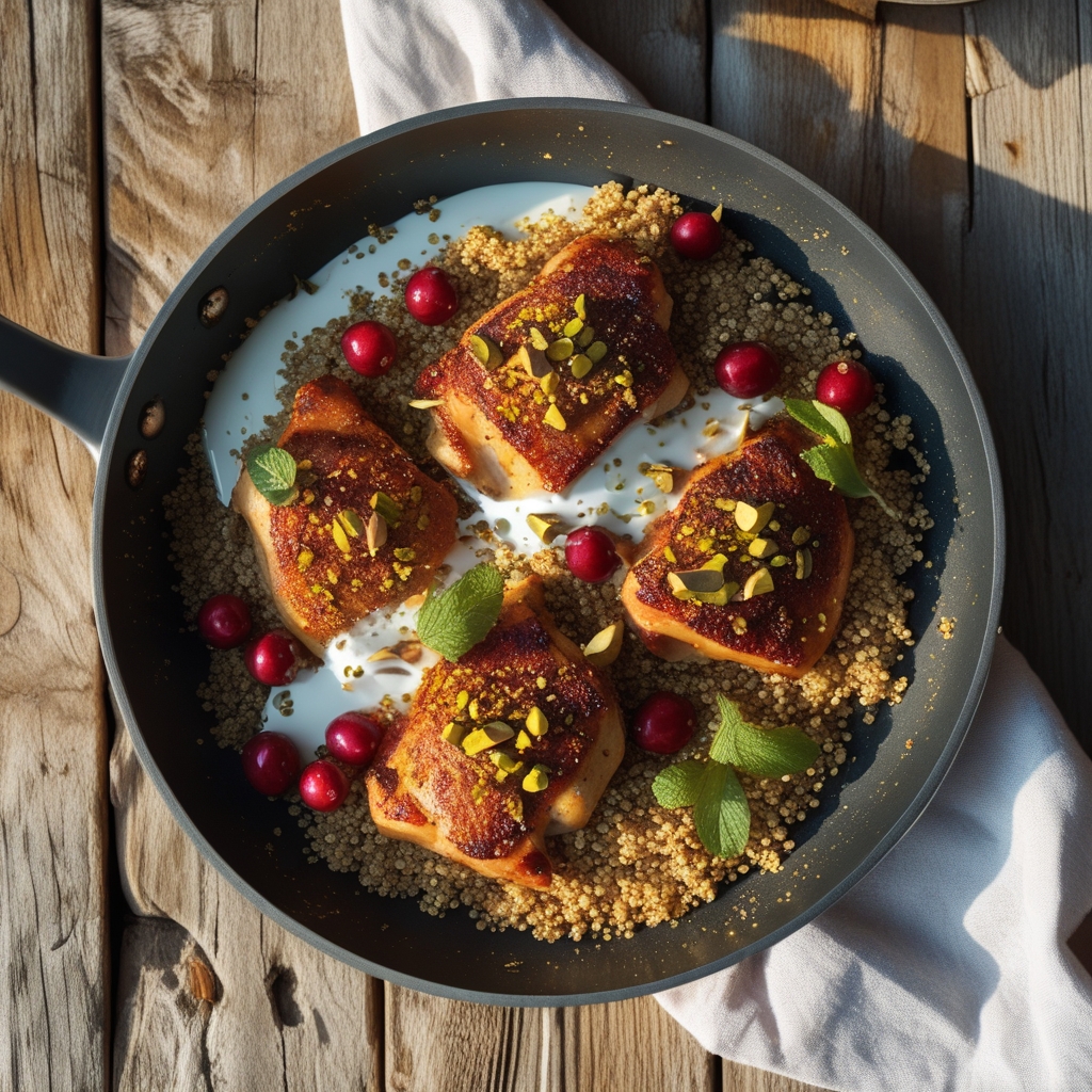 Final One-Skillet Persian Pistachio Chicken with Barberry Pilaf & Herbed Yogurt