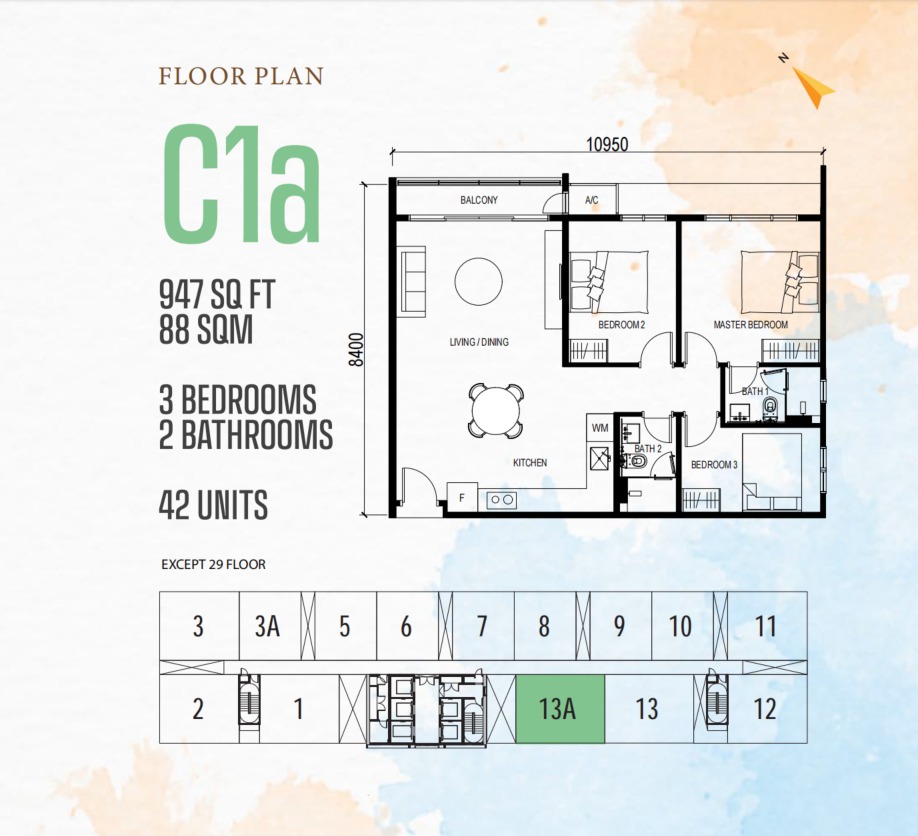 Vox Type C1A floor plan — 947 sq ft, 3 bedrooms