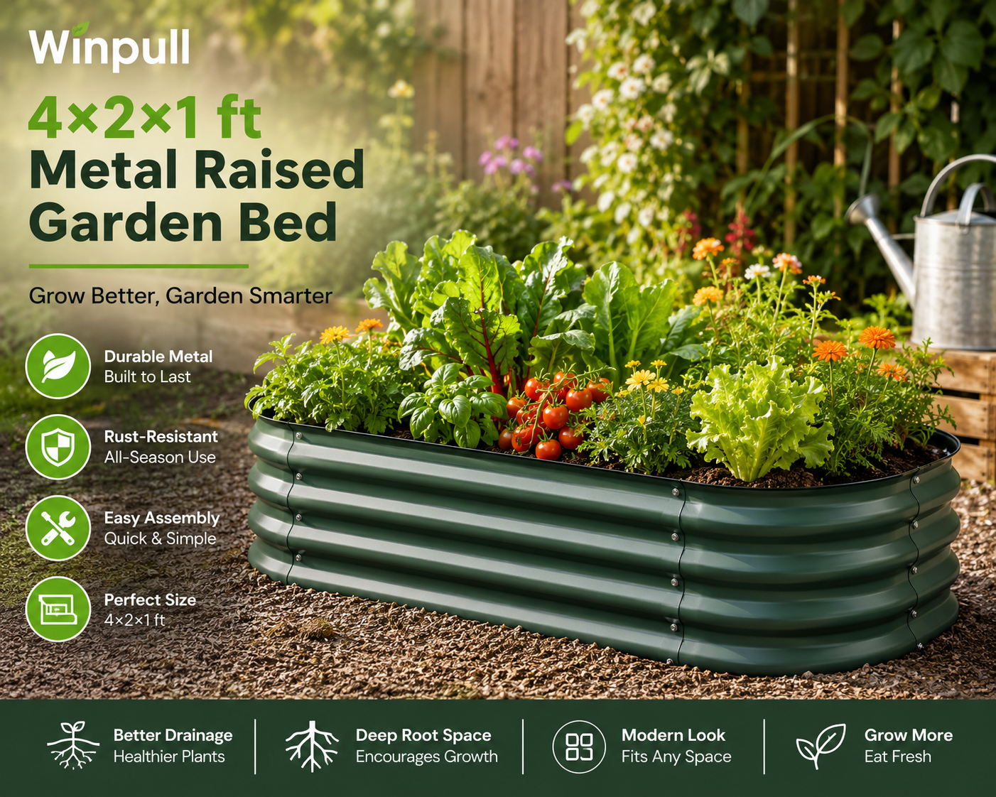 Winpull 4x2x1 ft Metal Raised Garden Bed