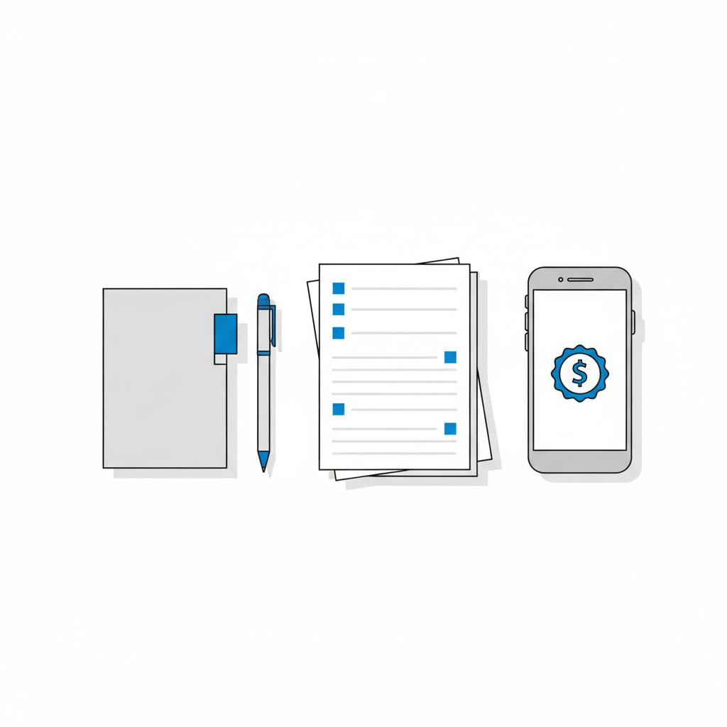 Top view 2D vector of a tidy workspace with a vehicle history report service receipts and a smartphone showing a blue price label icon representing used car value