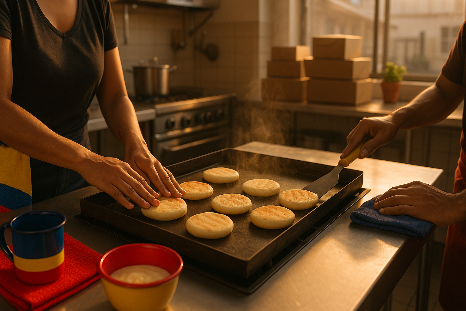 Manos venezolanas preparando arepas en una cocina compartida moderna