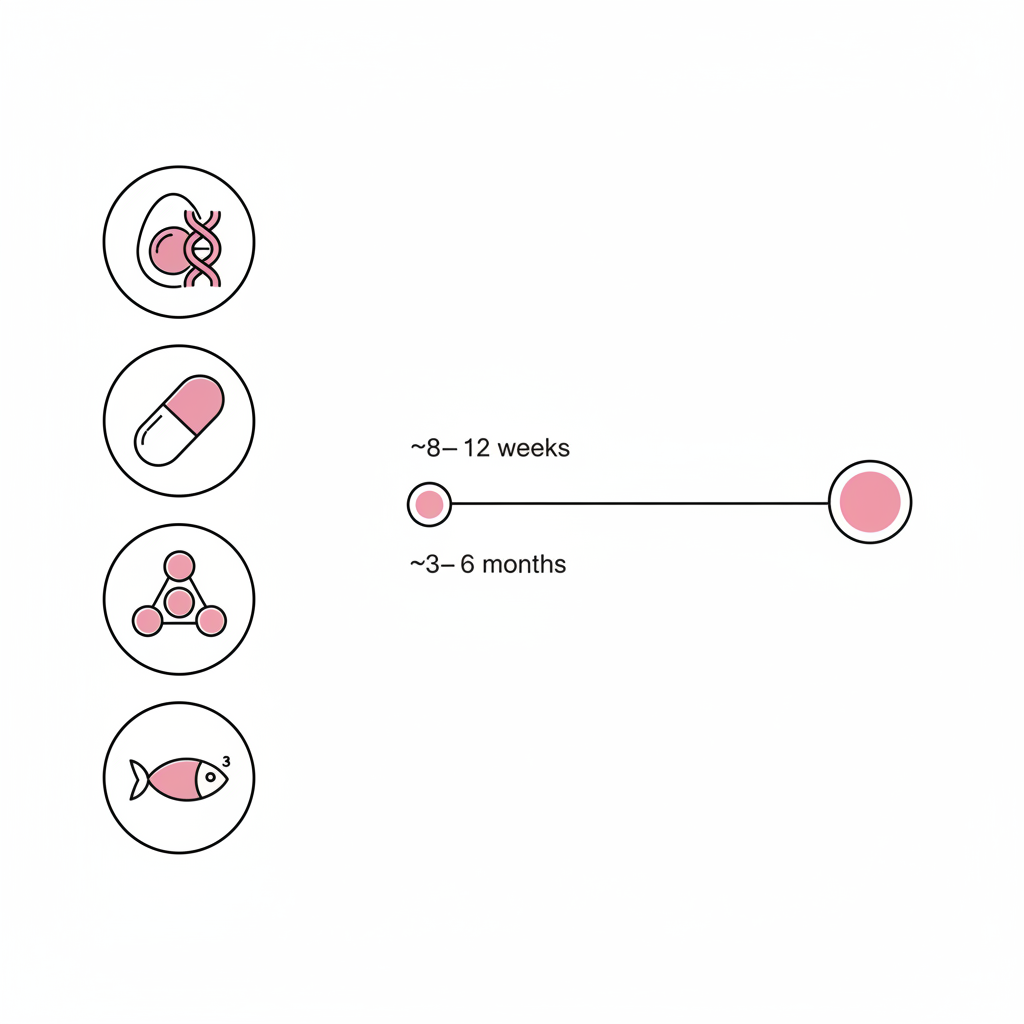 Minimalistische Vektor-Infografik: Nägel wachsen mit Icons für Protein, Biotin, Eisen, Omega‑3 und visueller Zeitachse (8–12 Wochen, 3–6 Monate) auf weißem Hintergrund