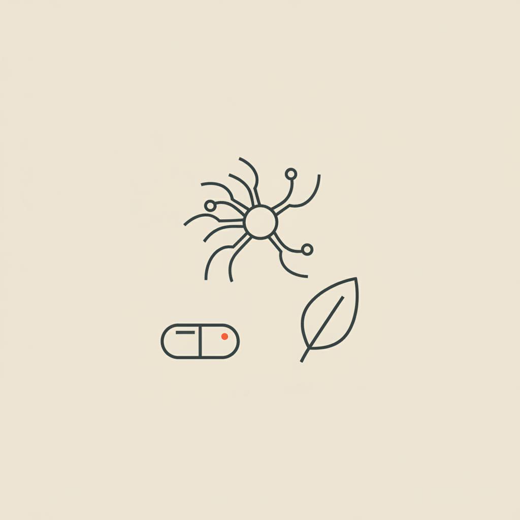 Minimalist Tonum-style line illustration of a stylized neuron, capsule, and leaf on beige background representing taurine for brain fog