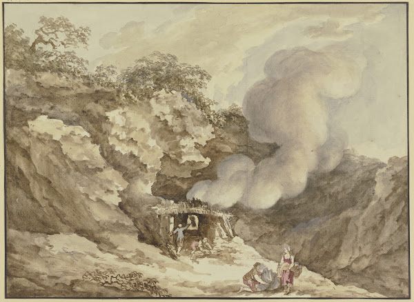Gebirgslandschaft in der Mitte ein Brennofen von dem eine Rauchwolke aufsteigt