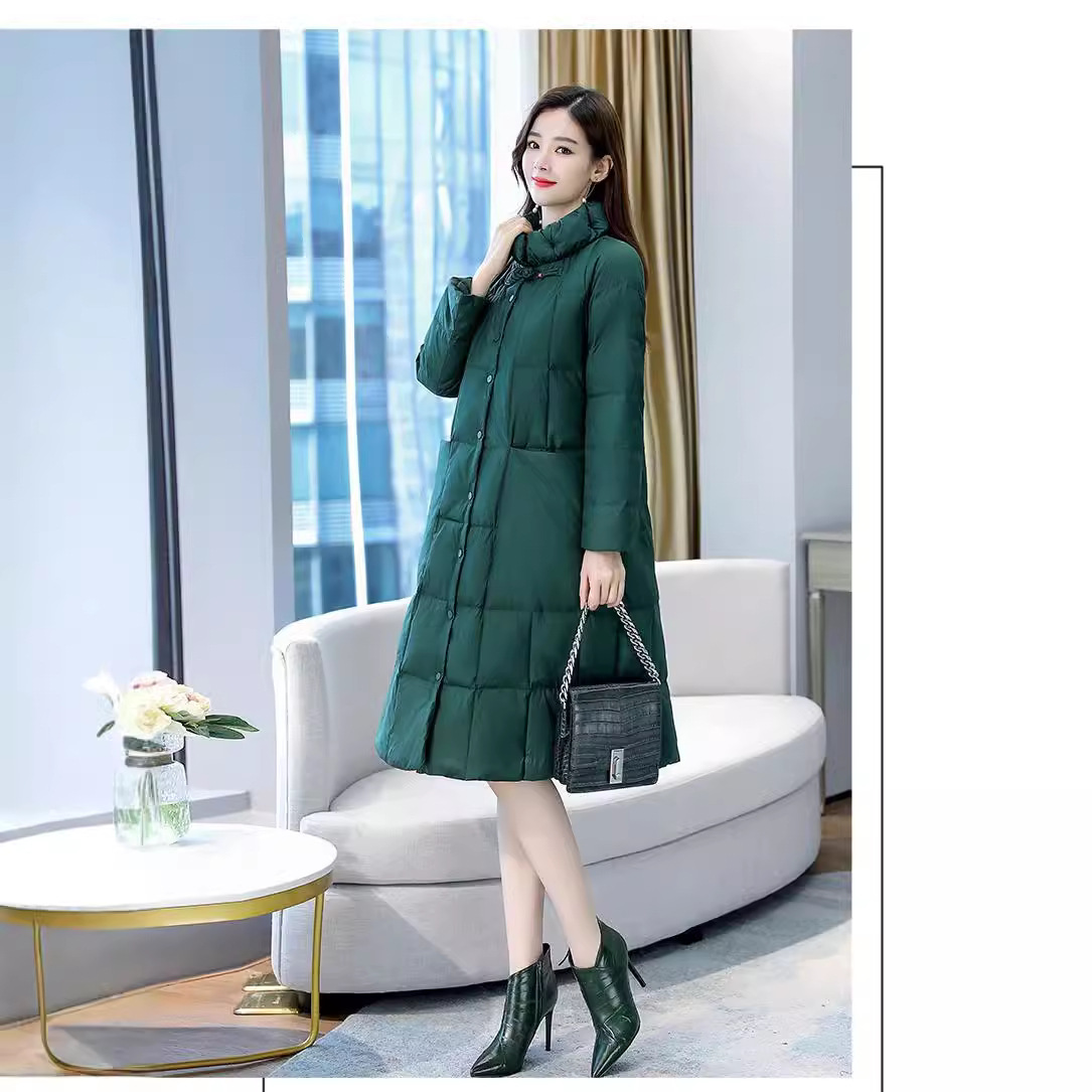 Women's A-line down coat, mid-length, stand-up collar