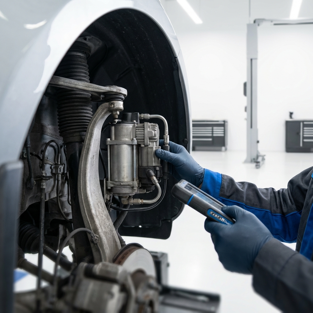 Close up of mechanic inspecting air suspension compressor and strut on a luxury SUV wheel well porsche cayenne for sale in a clean garage with white background and blue accents