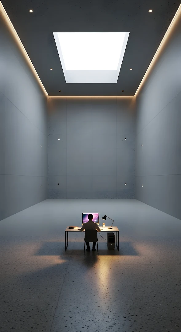 Solitary Worker in Vast Minimalist Concrete Room with Skylight