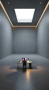Solitary Worker in Vast Minimalist Concrete Room with Skylight