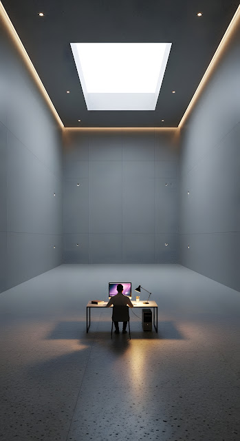 Solitary Worker in Vast Minimalist Concrete Room with Skylight - Free mobile Wallpaper