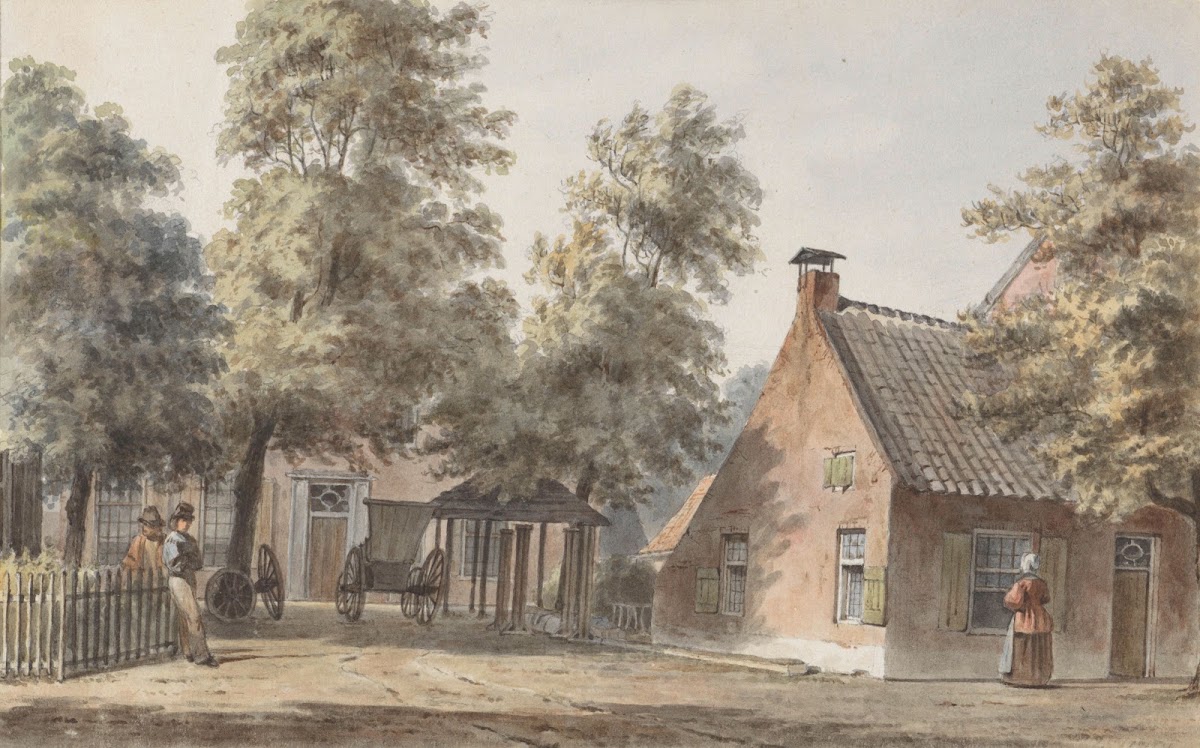 Dorpsgezicht met links twee mannen leunend tegen een hekwerk 1820   1872