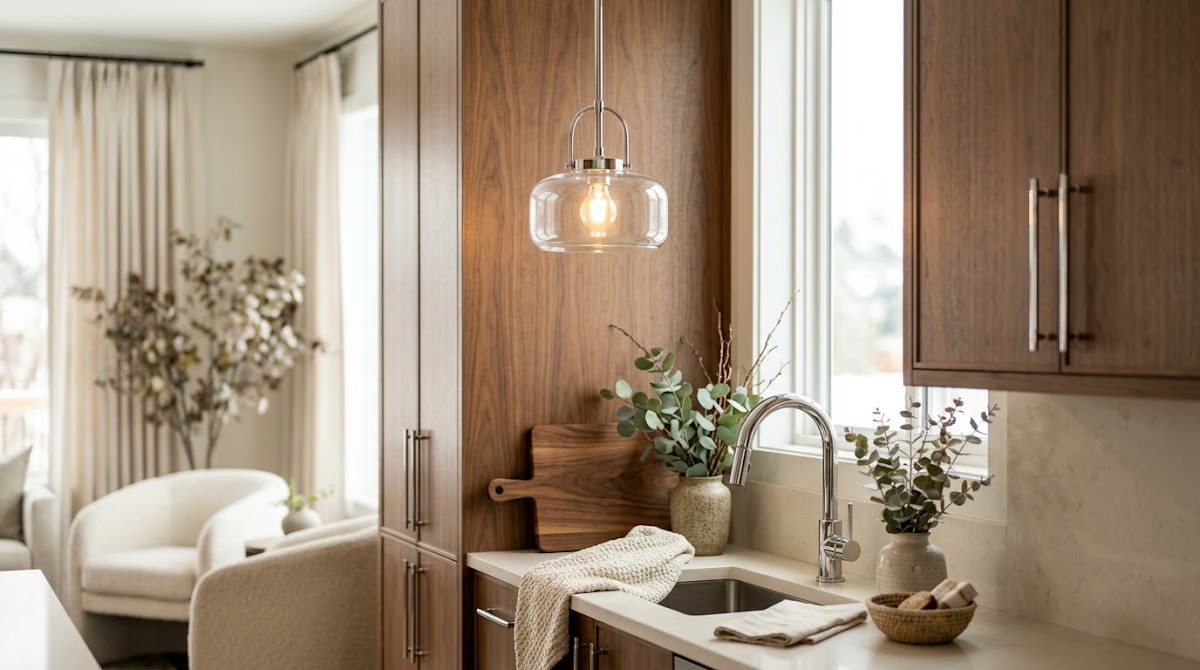 How to Pair Chrome Hardware With Warm Wood Cabinets - sculptural chrome lamp with warm wood bookshelf and chair